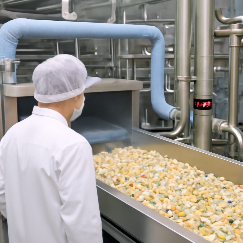 冷凍食品生産現場の冷却ラインでは、配管の放熱対策が重要。放熱フィンを使用することで冷却効率を向上し、品質保持とエネルギー効率を両立します。