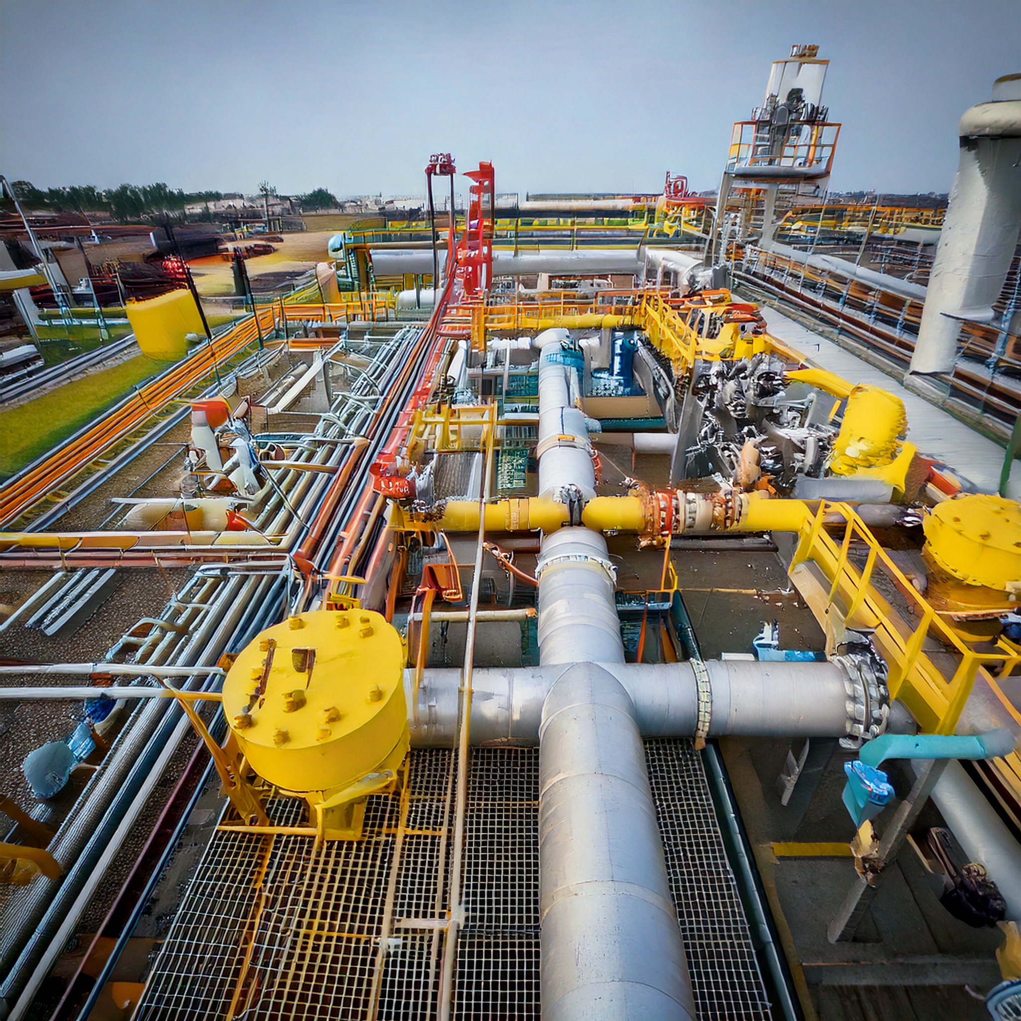 ガス供給設備を斜め俯瞰。加圧・減圧装置、配管ネットワーク全体の立体的な配置と奥行きを捉えた施設レイアウト。