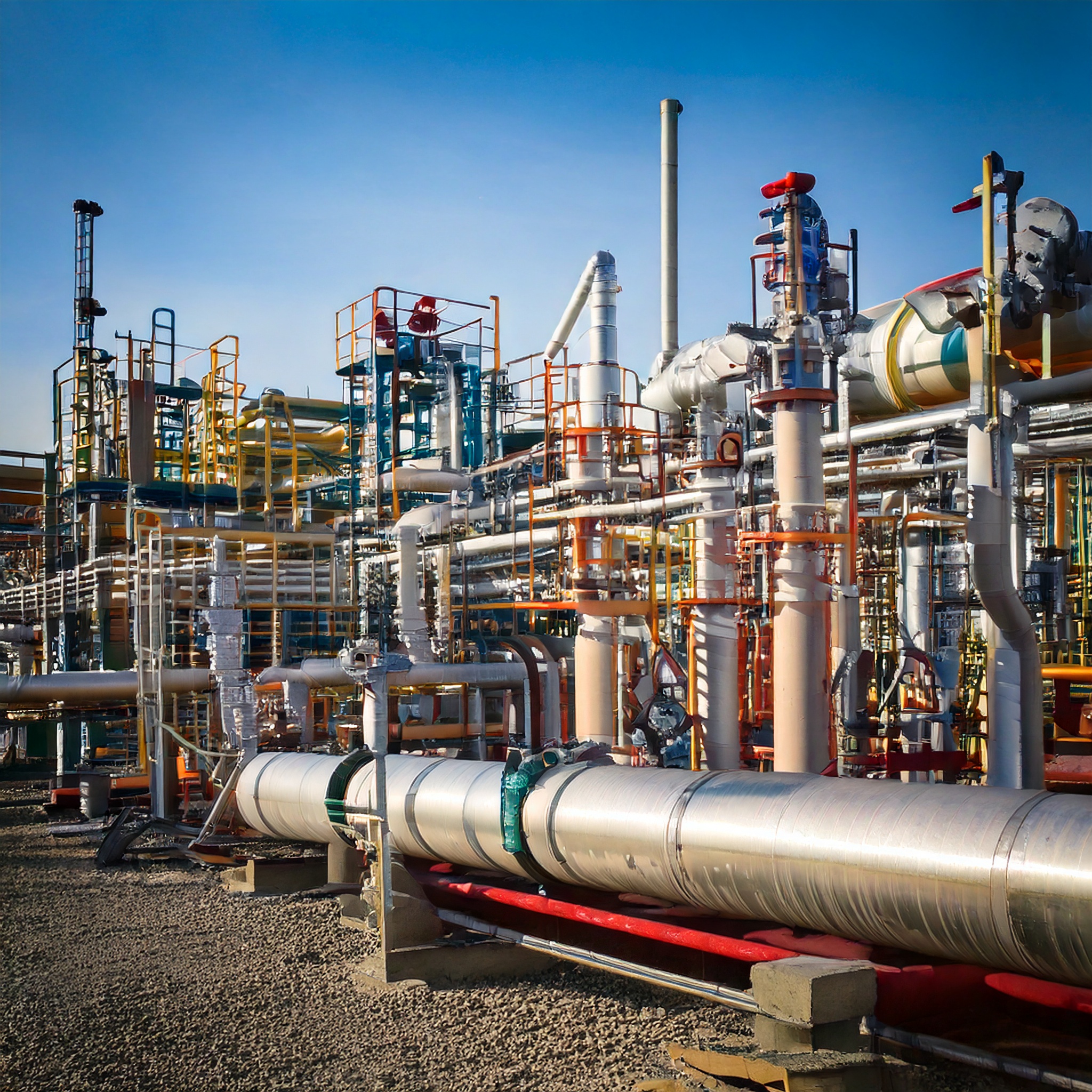 石油精製工場の高温配管ネットワークを俯瞰。放熱フィンが効果的で配管劣化抑制と安全性向上、エネルギーロス削減に寄与。