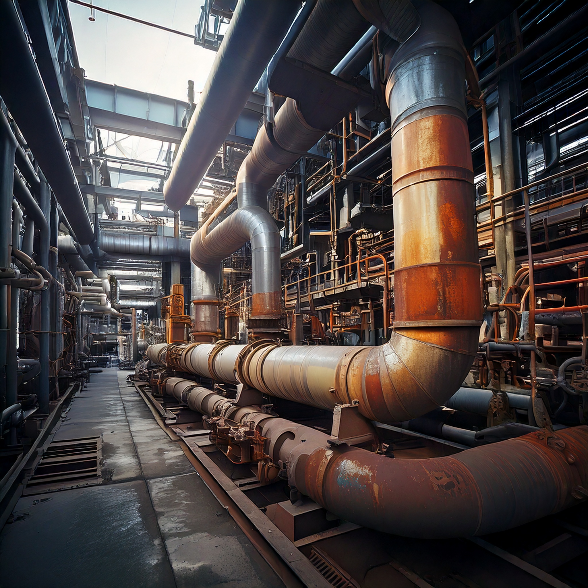 重工業プラントの旧式放熱配管と劣化を可視化。現代的な放熱フィンへの更新が冷却効率向上と作業環境改善、省エネに寄与。