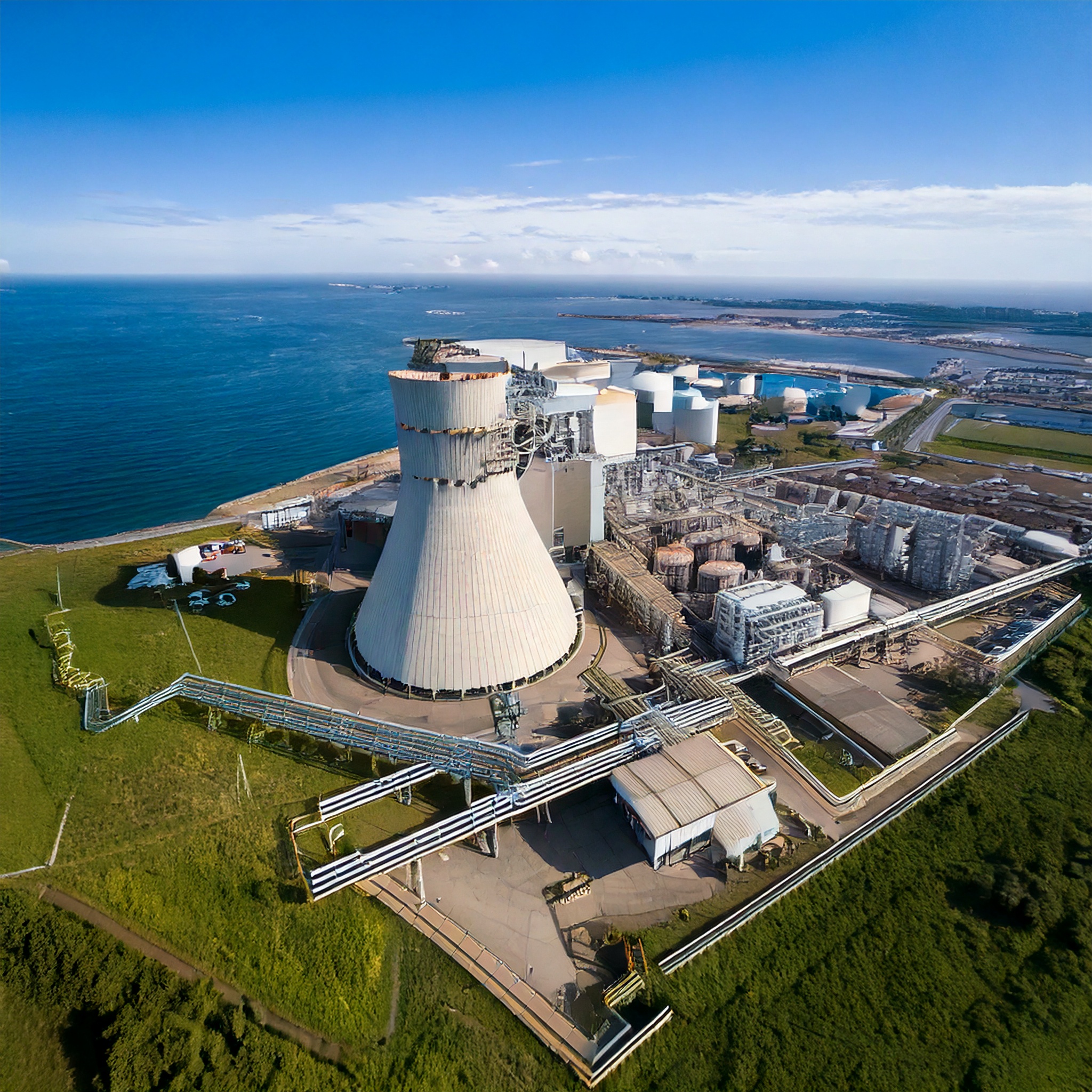 原子力発電施設を屋外俯瞰。格納容器、冷却塔、屋外配管ラック全体の配置と海岸線沿いの立地を一望し施設規模を把握。